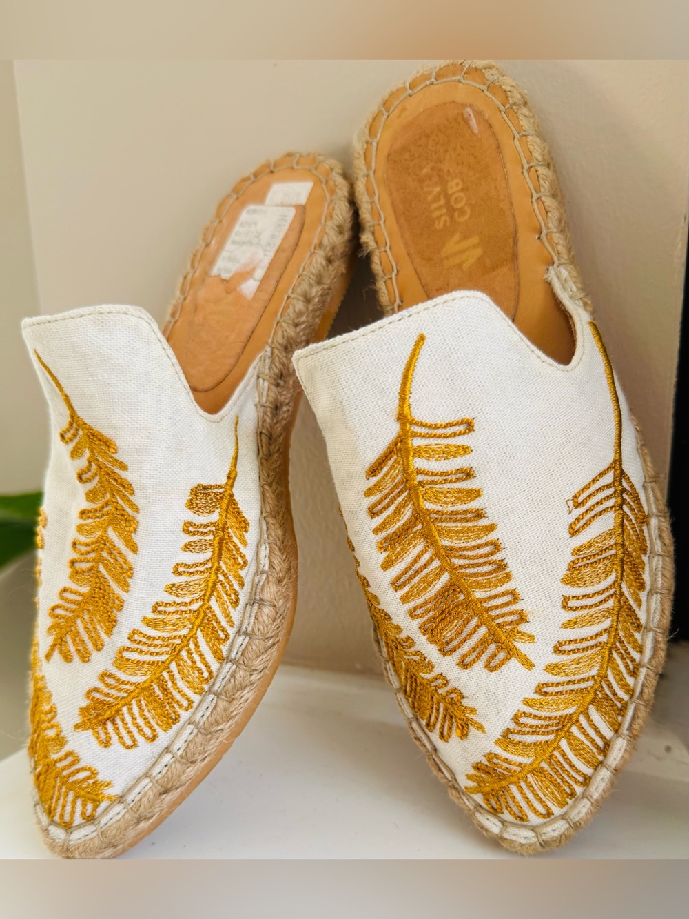 Embroidered Feather Espadrille Slip-Ons in Mustard on Cream - Women
